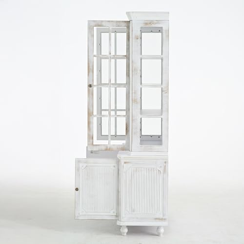 BKNROIHB 77.5\'\' Tall Vintage Display Cabinet with Double Glass Doors - Traditional Style China Cabinet Hutch Cabinet for Hallways Living Room, Kitchen, Home, Studio or Workspace - White Washed