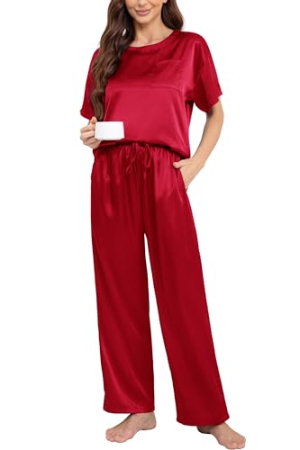 Nanxson Donna Set Pigiama in Raso Abbigliamento da Notte A Due Pezzi Pigiama A Manica Corta con Pantalone Lungo per Pigiama Morbida Biancheria da Letto(M,Rosso Scuro)