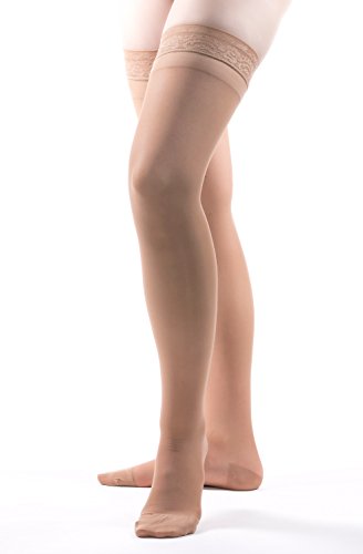 Image of Allegro Women's Thigh High Compression Stockings 20-30 mmHg Support Hose | Lightweight sheer fabric with lace-silicone stay-up band, reinforced heel and balloon toe for secure hold and daily comfort