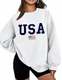 Lacozy Women's Crewneck Sweatshirts Long Sleeve American Flag Sweater Oversize Fleece Tops Winter Clothes White M