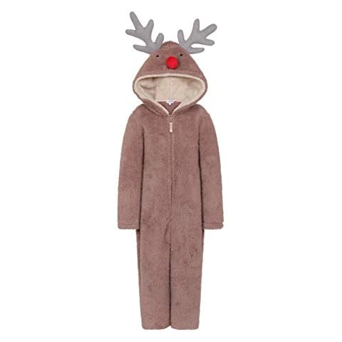 Loungeable Boutique Unisex Kids Cute Novelty Hood Reindeer Snuggly Fleece Onesie in 3 UK Kids Sizes (Age 5-6) Brown Cover