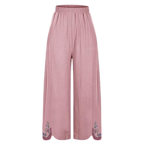 Cropped Linen Pants for Women Floral Embroidered Wide Leg Capri Pant High Elastic Waist Summer Trousers with Pockets4