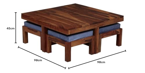 Image of Solid Sheesham Wood Square Coffee Table with 4 Stools | Centre Table with Stool for Living Room | Brown Finish | Table: 90cm x 90cm x 45cm, Stool: 40cm x 40cm x 10cm