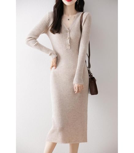 100% Merino Wool Sweater Dress Women's Knitted Button V Neck Pullover Fall Winter Slim Long Tops2