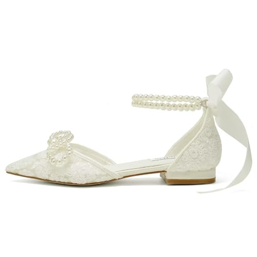 Image of Pearl Wedding Shoes for Bride Flat Lace Bride Shoes Pointed Toe Bridal Flats