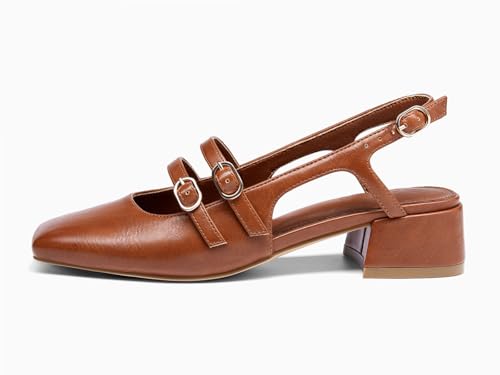 Image of Coutgo Women's Mary Jane Chunky Low Heels Slingback Pumps Closed Square Toe Wedding Dress Shoes