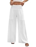 heekpek Pantalon Lin Femme Été Fluide Chic Leger Pantalon Large Taille Elastique Pantalons Plage avec Poche, Blanc, L