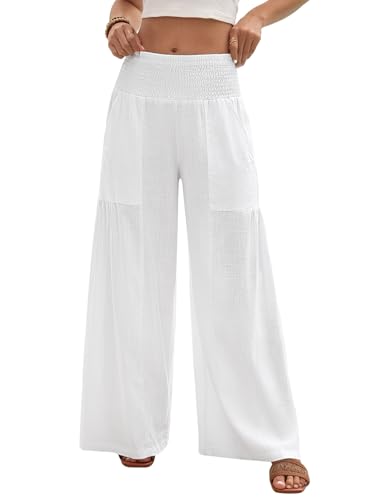 heekpek Pantalon Lin Femme Été Fluide Chic Leger Pantalon Large Taille Elastique Pantalons Plage avec Poche, Blanc, M