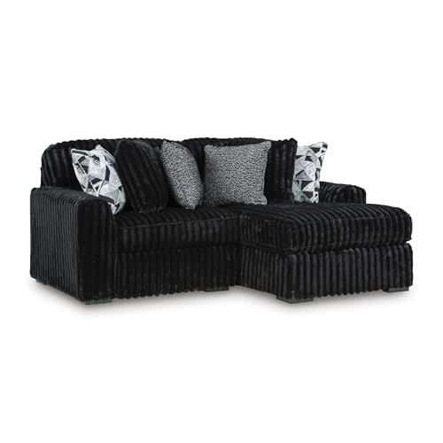 Image of Signature Design by Ashley 2-Piece L-Shaped Sectional Couch, Black | 100% polyester jumbo corduroy, Right-arm facing chaise, Living room use, 6 accent pillows included, Midnight-Madness Series