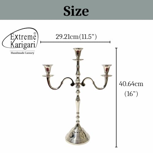 Image of 3 Arm Silver Candelabra Candle Holder | 16 Inch Tall Metal Candlestick Stand | Electroplated Finish | Dining Table, Living Room & Wedding Decor | 11.5 x 4.75 x 16inch