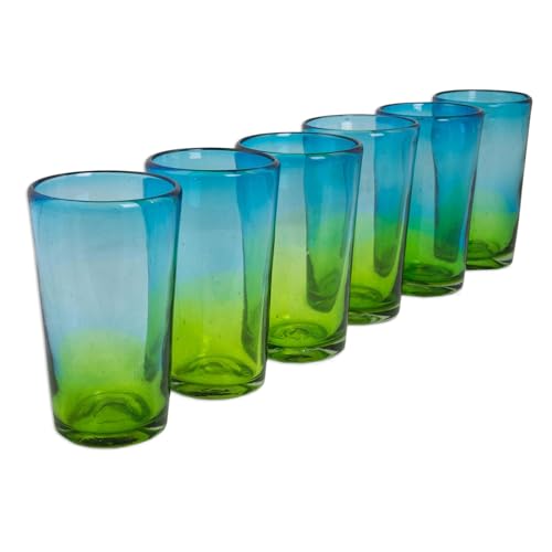 Novica Aurora Tapatia' - Bicchieri Highball In Vetro Soffiato A Mano, 425 Ml, Colore: Blu E Verde - 7