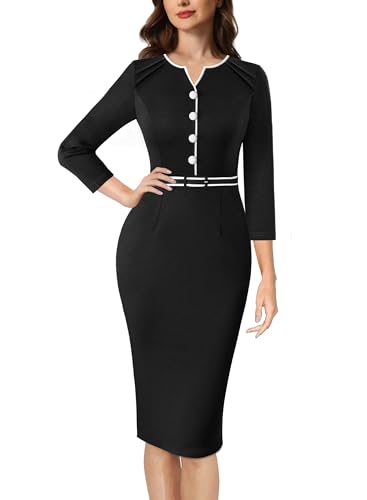 VFSHOW Womens Work Office Business Pleated Notch V Neck Buttons Fitted Belted Pencil Sheath Dress