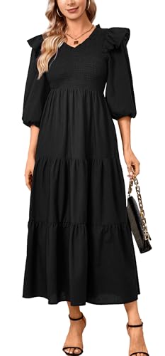 Image of Women Casual Lantern Sleeve Ruffle V Neck Fall Dress Boho Flowy Maxi Dresses Tiered Cocktail Long Dress