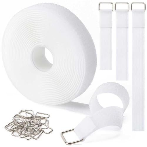 1" x16Ft Hook and Loop Straps with 25 Metal Buckles，White