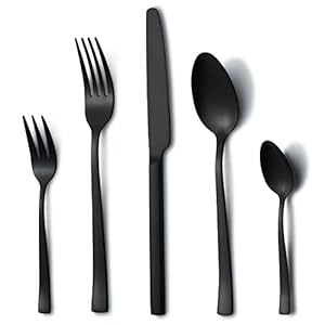 Hunnycook Cutlery Set for 6 People, 30 Pieces, Stainless Steel Black Cutlery for Home, Restaurant, Outdoors, Cutlery Set with Forks, Spoons, Knives, Dishwasher Safe