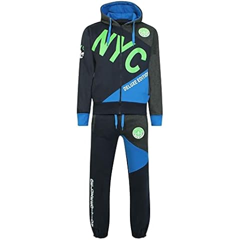 Kids Boys NYC Deluxe Edition Tracksuit Hooded Neck Sweatshirt & Jogging Bottom Boys Hooded Top & Bottom Full Jog Suit UK Age 7-13 Years (Grey, 11-12 Years) Cover