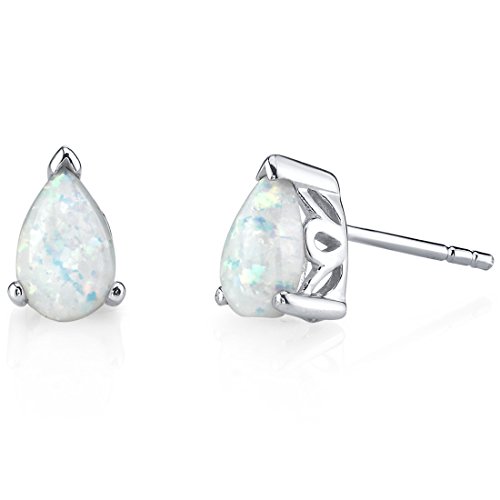 Peora Created White Opal Stud Earrings in Sterling Silver, Solitaire Teardrop Pear Shape, 8x5mm, 1.50 Carats total, Scroll Design, Friction Backs, October Birthstone Earrings,