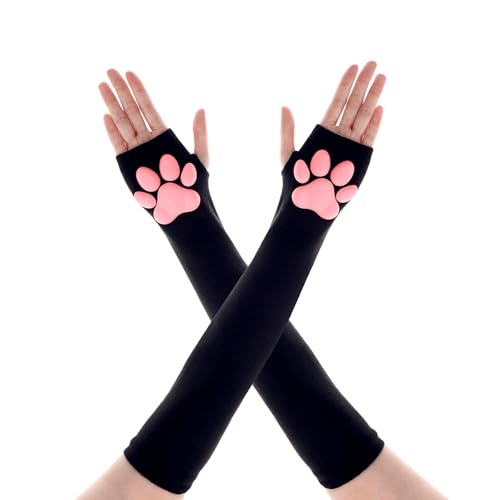 Telooco Langfingerige Katzenpaw-Mitzen mit 3D-Pink-Pad für Halloween-Cosplay