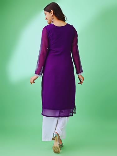 Image of HESVI Women's Georgette White Lakhnavi Chikankari Kurti with Intricate Embroidery Work
