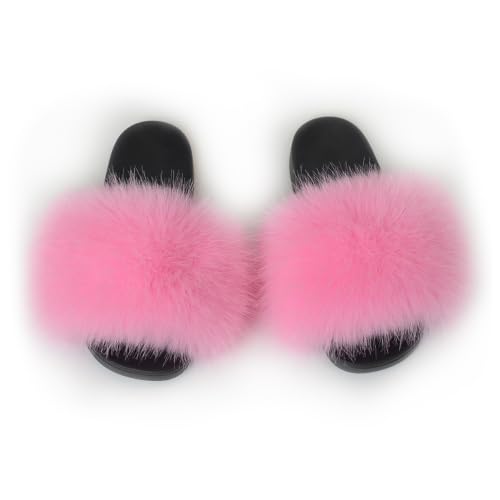 Image of Women's Faux Fur Slides Slippers Fluffy Fuzzy Sandals Open Toe Furry Slide Flip Flop Indoor Outdoor