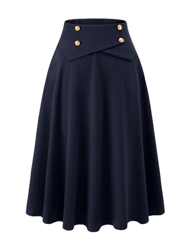 Langer Rock Damen Winter midilang Vintage Rock Basic Casual Röcke A-Linie Tellerrock Hohe Taille Freizeitrock mit Taschen Navy M