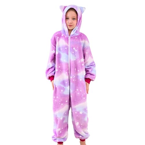 Ceruwum Girls Cat Ears Sleepsuit Kids Cat Animal Onesie Pyjamas (Violet Stars 7-8 Years)