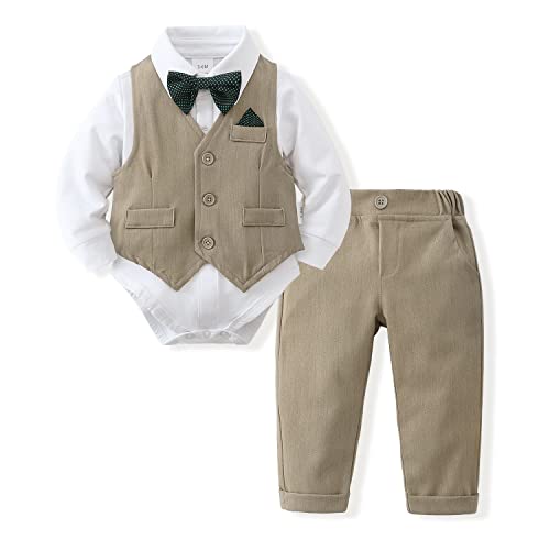 Image of DISAUR Baby Boy Clothes Toddler Boy Outfits 4PCS Gentleman Dress Romper /Vest /Pants /Bow Tie Cotton Suit Sets