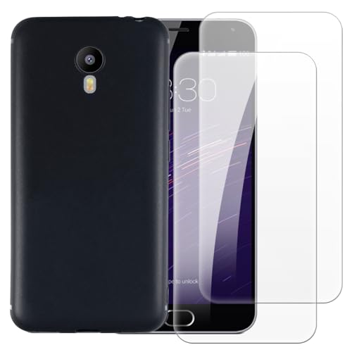 Shantime Hülle mit 2 Stück Schutzfolie Kompatibel mit Meizu M2 Note, Stoßfeste Abdeckung & Gehärtetes Glas R&um-Schutz(Schwarz)