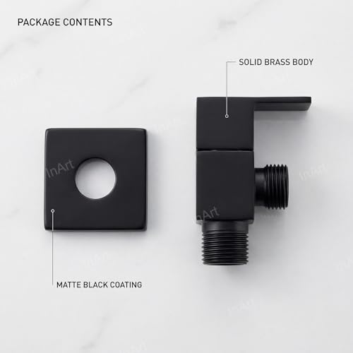 Image of InArt Wall Mounted Brass Angle Valve for Bathroom & Kitchen | Angle Stop Cock with Wall Flange | 80x40x48mm, Black Finish - 5 Year Warranty