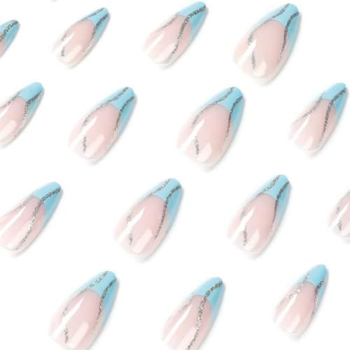 Image of Glitter Press on Nails Blue French Tip Fake Nails Medium Almond False Nails with Shiny Line Design Glossy Glue on Nails Artificial Acrylic Nail Stick on Nails for Women Girls Manicure 24Pcs