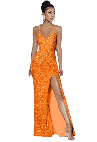 Spaghetti Straps Sequin Prom Dresses 2025 Mermaid Formal Evening Gown V Neck Sparkly Party Dress with Slit