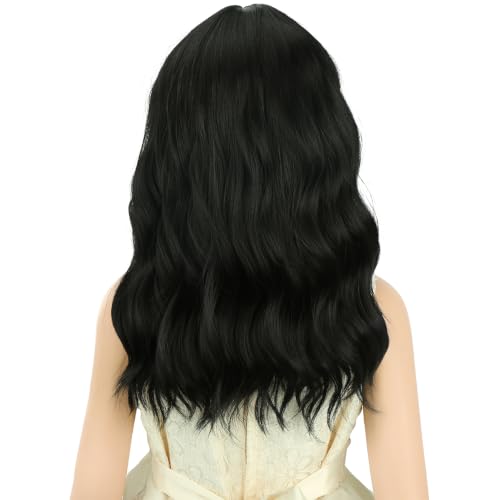 Image of Natural Black Wig Short Black Wavy Curly Wigs Wig with Air Bangs Synthetic Cosplay Hair Wigs