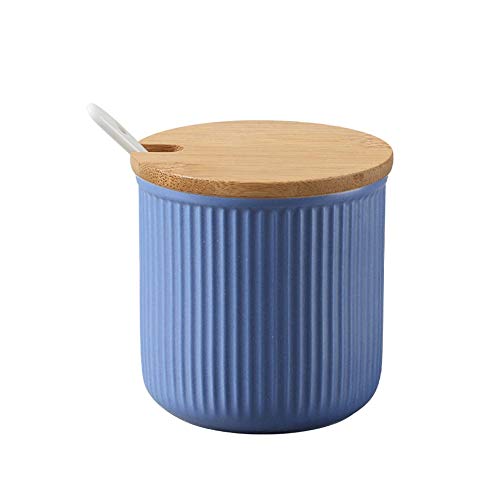 Deylaying Azucarero, cuenco de cerámica con tapa de bambú y cucharilla para azúcar, perfecto para el hogar y la cocina, diseño elegante, azul