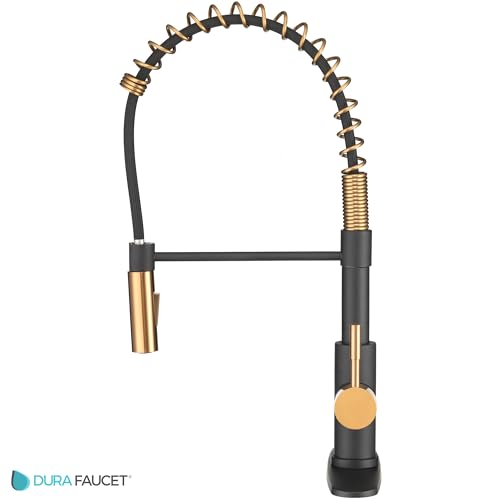 Image of Dura Faucet DF-MK504SLK-MBRG RV High-Arc Pull-Down Kitchen Faucet (Matte) | Spring single-handle design with a swivel spout for cooking and cleanup. Matte Black /Rose Gold finish.