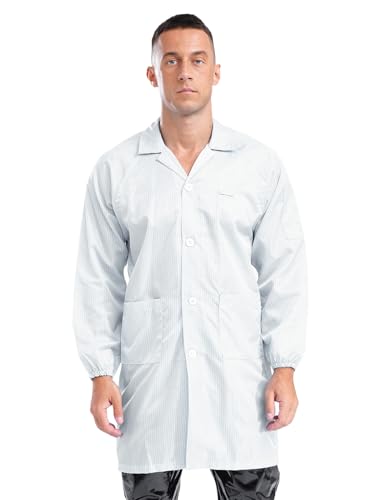 easyforever Men's Striped Long Sleeve Coat Workwear Dustproof Anti-static Lab Coat Uniforms White Medium