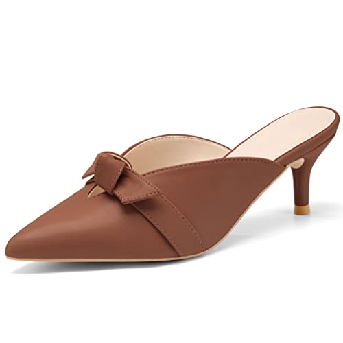Coutgo Womens Bow Knot Mules Kitten Heel Pumps Slip On Heeled Sandals Pointed Toe Slides Backless Dress Shoes Brown #TOP18