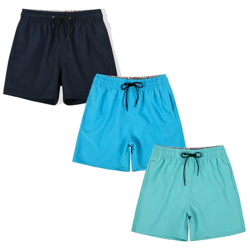 SNOW DREAMS 3 Pack Boys Swim Trunks Kid Bathing Suit Quick Dry Board Shorts with Mesh Lining