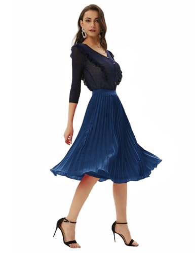 Image of GRACE KARIN Pleated Midi Skirt for Women,Chiffon Elastic High Waist Knee Length Skirts,Swing Flare A-Line Outfits