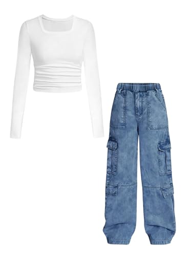 Catálogo de Ropa de Acampada y marcha para Niña los mejores 10. 39 Tween - Ropa de 2 piezas de manga larga + pantalones cargo de mezclilla, juego de ropa de otoño para niñas adolescentes, tallas de 5 a 12 años, Z: azul, 6-7 Años
