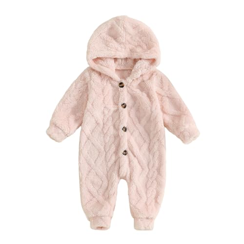 XIXIMAON Infant Baby Fluffy Snowsuit Plaid Butterfly Print Long Sleeve Hooded Romper Newborn Fleece Jumpsuit Boys Girls Bodysuits Winter Warm Clothes (Pink, 0-3 Months)