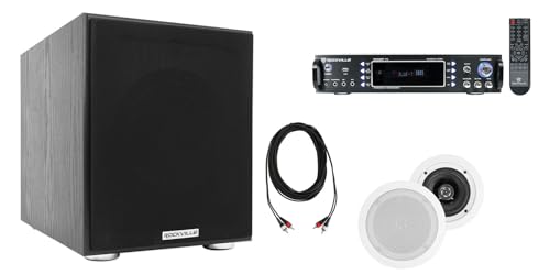 Rockville Bundle RPA60BT V2 1000W USB Amplifier Bundle with Pair of HC55 300W 5.25" Home Theater Speakers, Rock Shaker 8" 400W Powered Subwoofer, RCDR25B 25' RCA Pro Audio Cable (4 Items)
