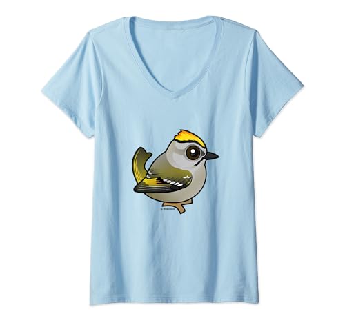 Womens Cute Cartoon Golden-crowned Kinglet Birdorable Bird Species V-Neck T-Shirt