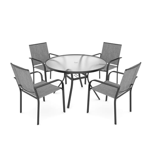 Image of Anmutig 5-Piece Outdoor Patio Dining Set, 40-Inch Round Glass Table with 4 Stackable Chairs,Grey