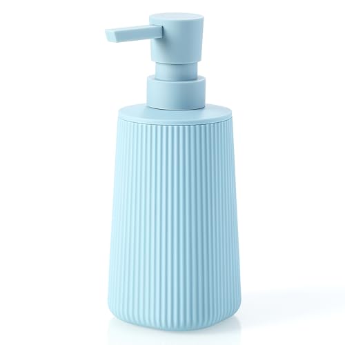 Image of Small Soap Dispenser for Bathroom and Kitchen, Modern Farmhouse Striped Style Plastic Hand Soap Dish Soap Dispenser with Pump Light Blue