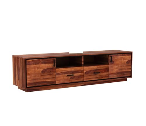 Image of Solid Wood TV Unit for Living Room 65 Inch Furniture - Wooden TV Unit with Storage Cabinet with 2 Drawr, 4 Shelves Wooden TV Cabinet for Living Room - Fits up to 65-Inch TV (Aaron)