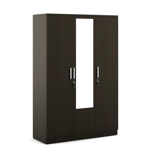 Image of Spacewood Weave Wardrobe | 3 Year Warranty | Almirah, Cupboard, Almari, 3 Door Wardrobe with Mirror, 1 Drawer (1 Lock Drawer) and 2 Hanging Space|Engineered Wood| Vermount
