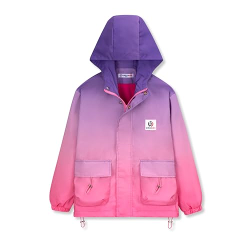WELAKEN Girls Gradient Water-Resistant Jacket with Fleece Lining and Pockets – Kids Zip-Up Hooded Coat
