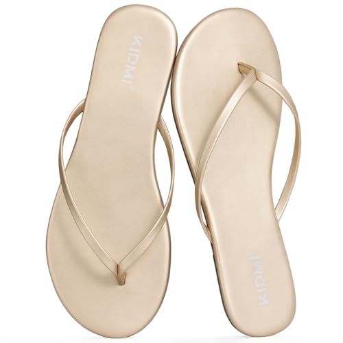 KIDMI Thong Flip Flops for Women - Memory Foam Summer Beach Sandals for Women - Vegan Leather Flat Sandals Gold EU 39