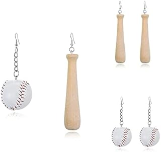 3 Pairs 3D Baseball Drop Dangle Earrings Set Asymmetrical Softball Faux Leather Wooden Bat Ball for Baseball Player Sport Team Moms Jewelry Gift
