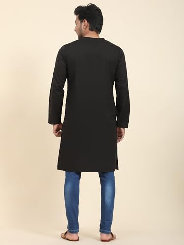 Image of Amazon Brand - Anarva Men's Cotton Solid Round Neck Kurta Long Sleeves Straight Knee Length Casual Shirt